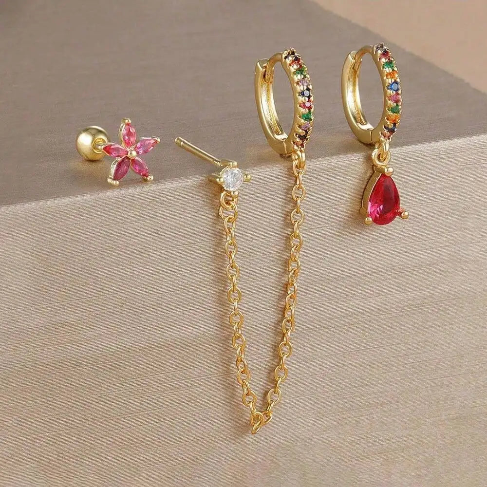 3PCS Set Stainless Steel Crystal CZ Butterfly Ear Stud Earring Gold Plated Pendant Water Drop Cartilage Earring Piercing Jewelry