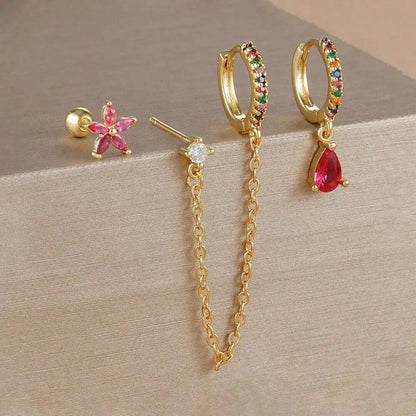 3PCS Set Stainless Steel Crystal CZ Butterfly Ear Stud Earring Gold Plated Pendant Water Drop Cartilage Earring Piercing Jewelry