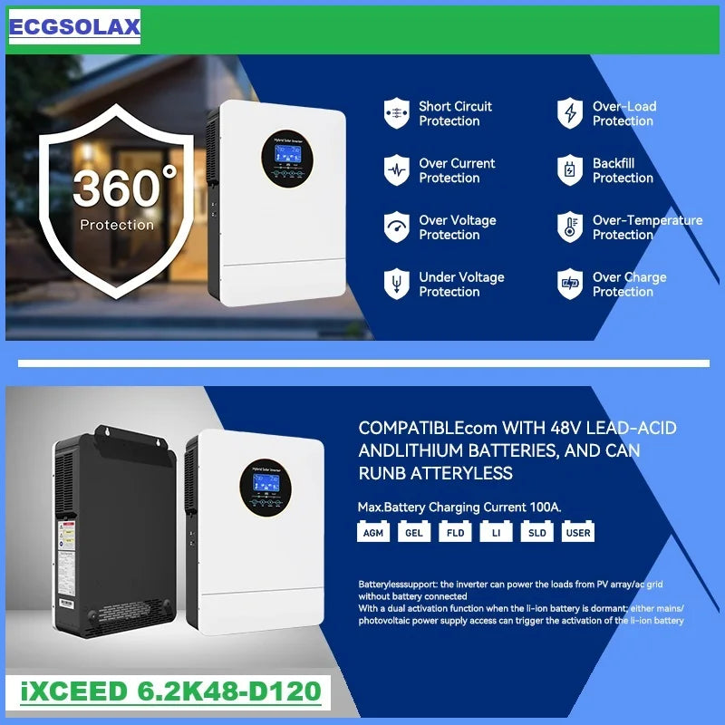 ECGSOLAX Us 6.5KW Hybrid Solar Inverter Pure Sine Wave 48V 120V 240VOff Grid Inverter 100A MPPT Solar Split Phase Inverter