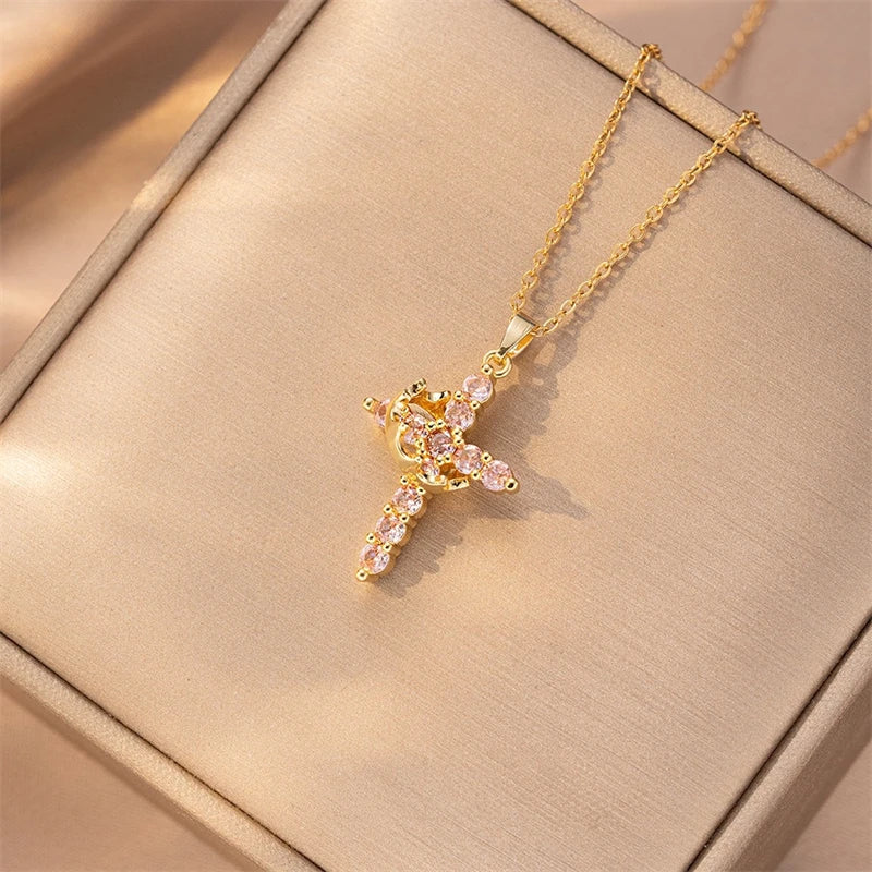 Exquisite Crown Cross Rhinestone Rotating Necklace for Women Fashion Copper Stainless Steel Necklace Party Banquet Jewelry Gift