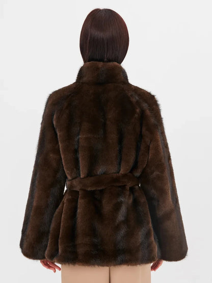 2026 Autumn Winter Women Faux Mink Fur Coat Lapel Collar Belted Long Jacket Luxury Fluffy Outerwear Brown