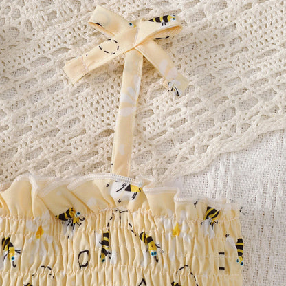 Baby girl Summer Dress Cute Little bee Ruffled Suspender Dress and Headband 2-piece Set for 0-3 Year old Baby girl Casual Dress