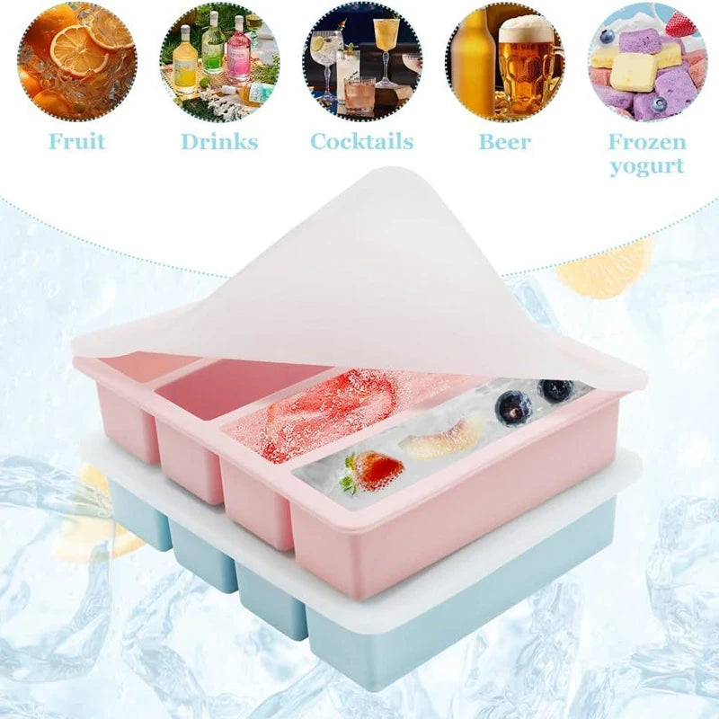 4 Grid Big Ice Tray Long Strip Square Whiskey Ice Cubes Silicone Mold With Lid Non-toxic Durable Pub Wine Ice Blocks Maker Model