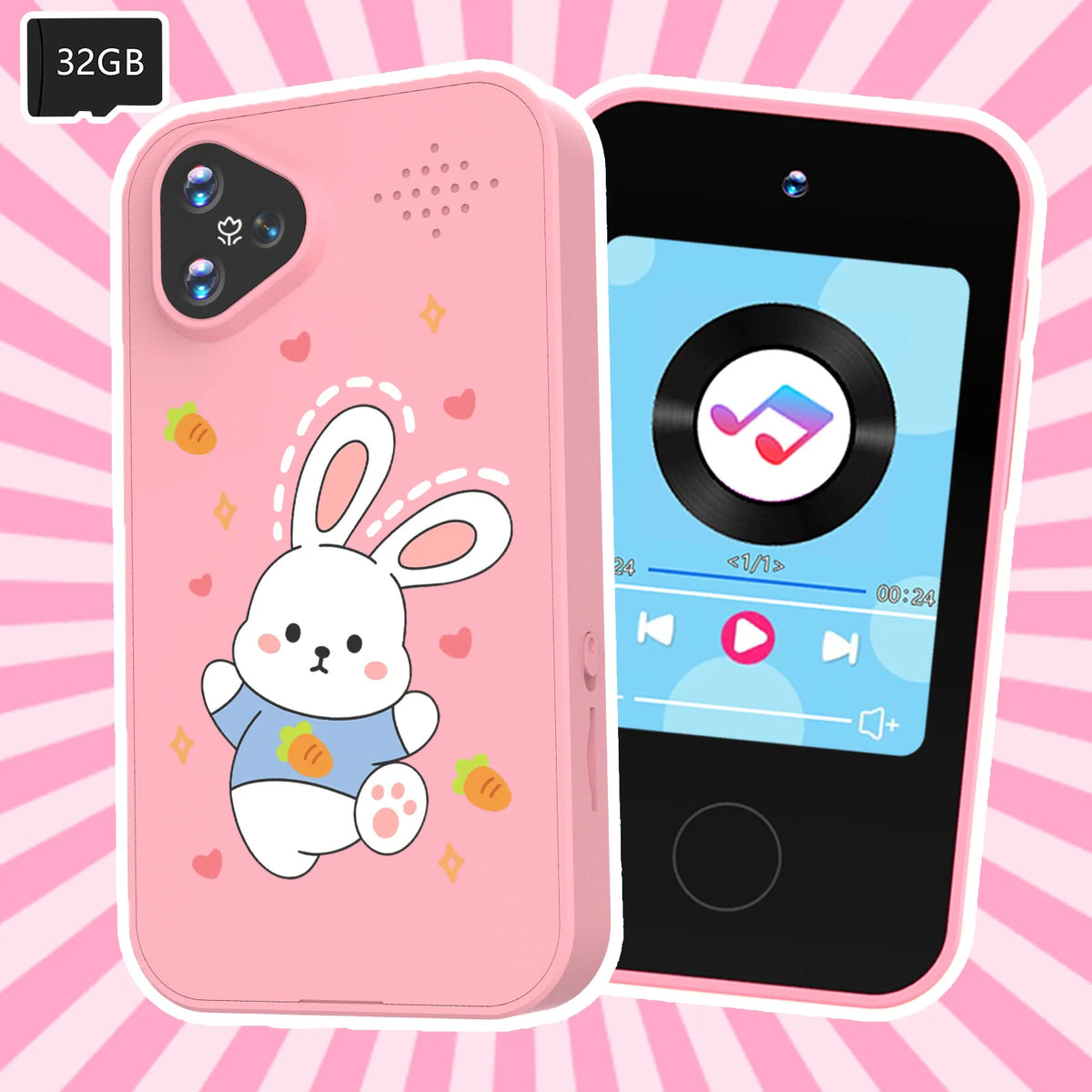 Rabbit Kids Smart Phone Camera Toy Touchscreen Baby Mobile MP3 Player Digital Educational Camera for Girls Boys Aged 3-8