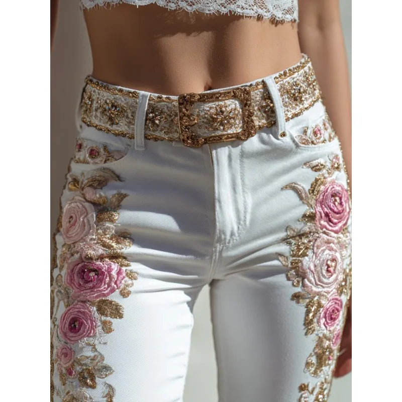 Fashion Womens Floral Print Jeans Straight Leg Casual Denim Pants 3D Design