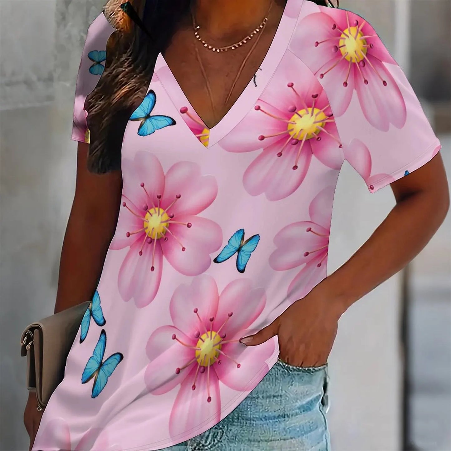 Butterfly Print Women Tshirt V Neck Short Sleeve Casual Loose Summer Tee Shirts