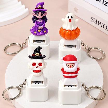 Glowing Sound Key Cap Keychain Halloween Pumpkin Ghost Witch Press Keyring Christmas Santa Snowman Pendant Party Favor