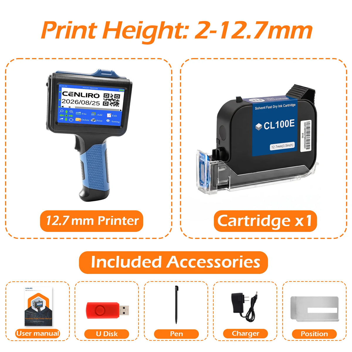 Cenliro Upgrated Handheld Inkjet Printer CL12B with Black Fast-drying Ink Cartridge for Date Batch Number Logo QR Code 600DPI