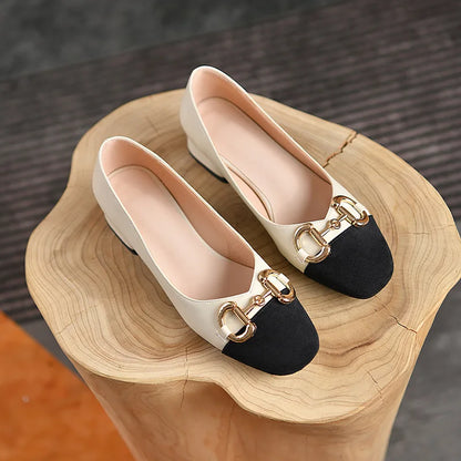 Lady Patchwork Low Heels Pumps Squar Tip OL Slip-Ons With Metal Buckle Plus Size 3-43 Retro Footwear Brown White Black Hand-Made