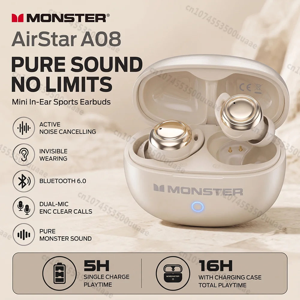 Monster A08 ANC Bluetooth 6.0 Earbuds Mini Invisible In-Ear Sports Ear Buds Active Noise Cancellation TWS Wireless Earphone
