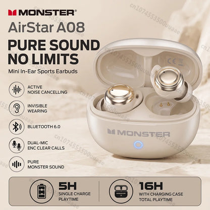 Monster A08 ANC Bluetooth 6.0 Earbuds Mini Invisible In-Ear Sports Ear Buds Active Noise Cancellation TWS Wireless Earphone