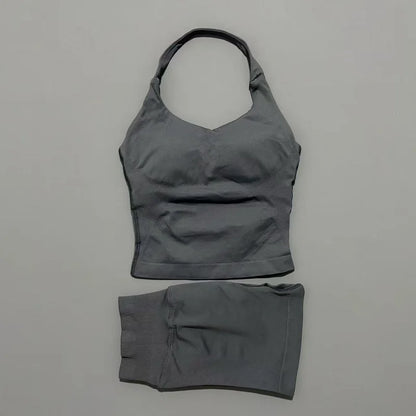 2 Pieces Shorts Yoga Set Women Backless Halter Tops High Waist Seamless Shorts Gym Suit Fitness Sportswear Workout Sets