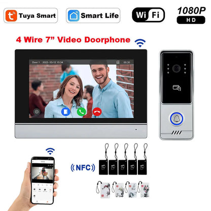 5G WiFi Video Doorbell 7 Inch LCD HD 1080P Camera Tuya Smart 4 Wire Video Doorphone Intercom Security System RFID NFC APP Unlock