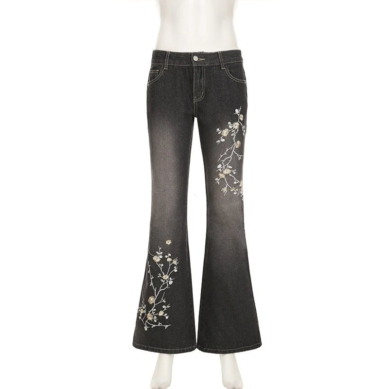 Floral Embroidery Jeans Vintage 2000s Low Rise Flared Jeans Women Retro Y2k Baggy Denim Pants High Street Basic Trousers