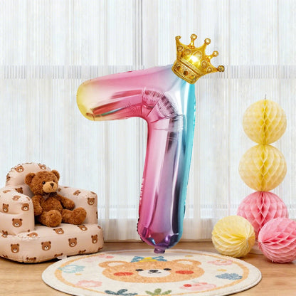 32Inch Gradient Number Crown Balloons 1-9 Digit Foil Helium Balloon Baby Shower Kids And Children's Birthday Party Decoration