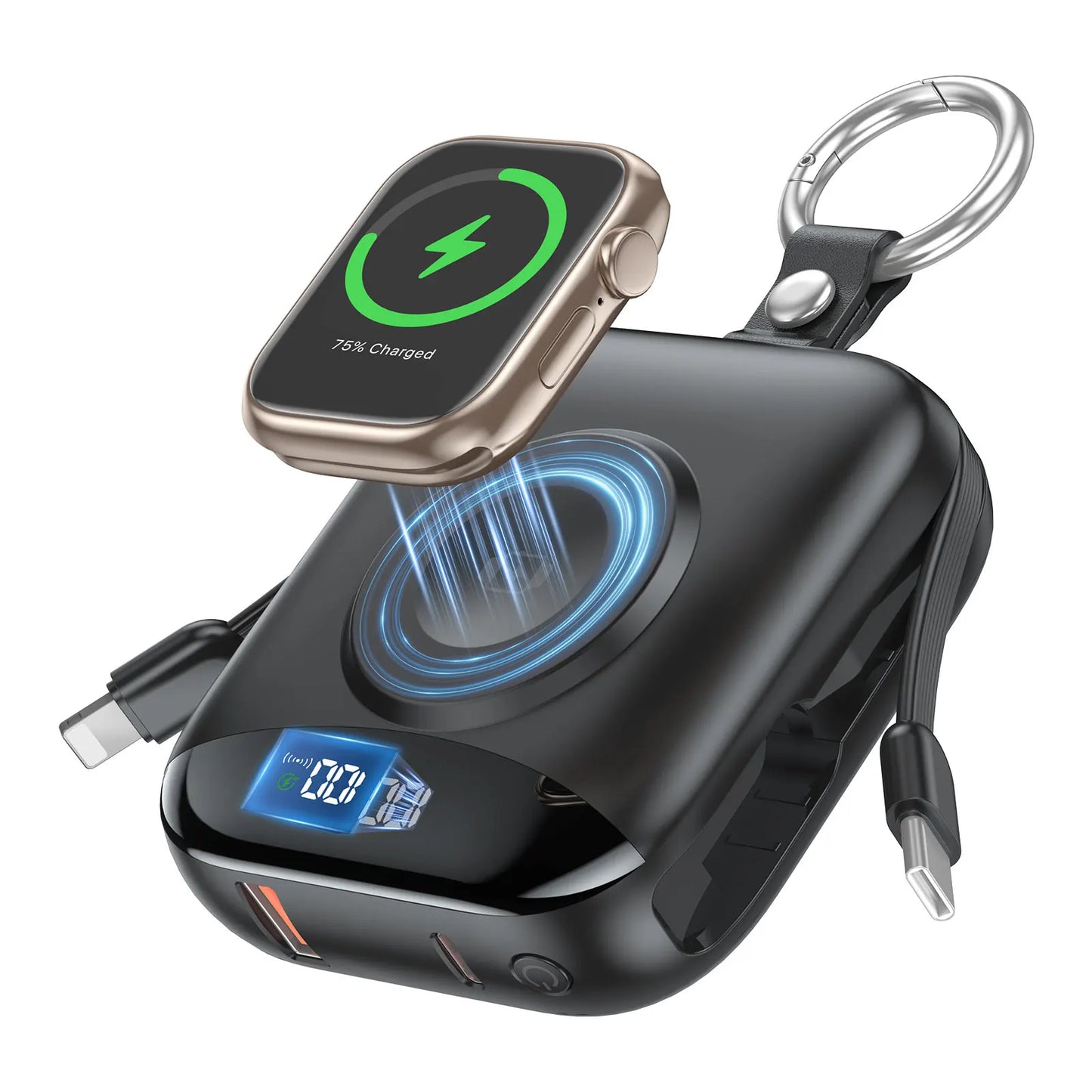 10000mAh 22.5W Fast Charging Power Bank with Built-in Cables, 4-in-1 Portable Charger with LED Display Keychain for IWatch Phone
