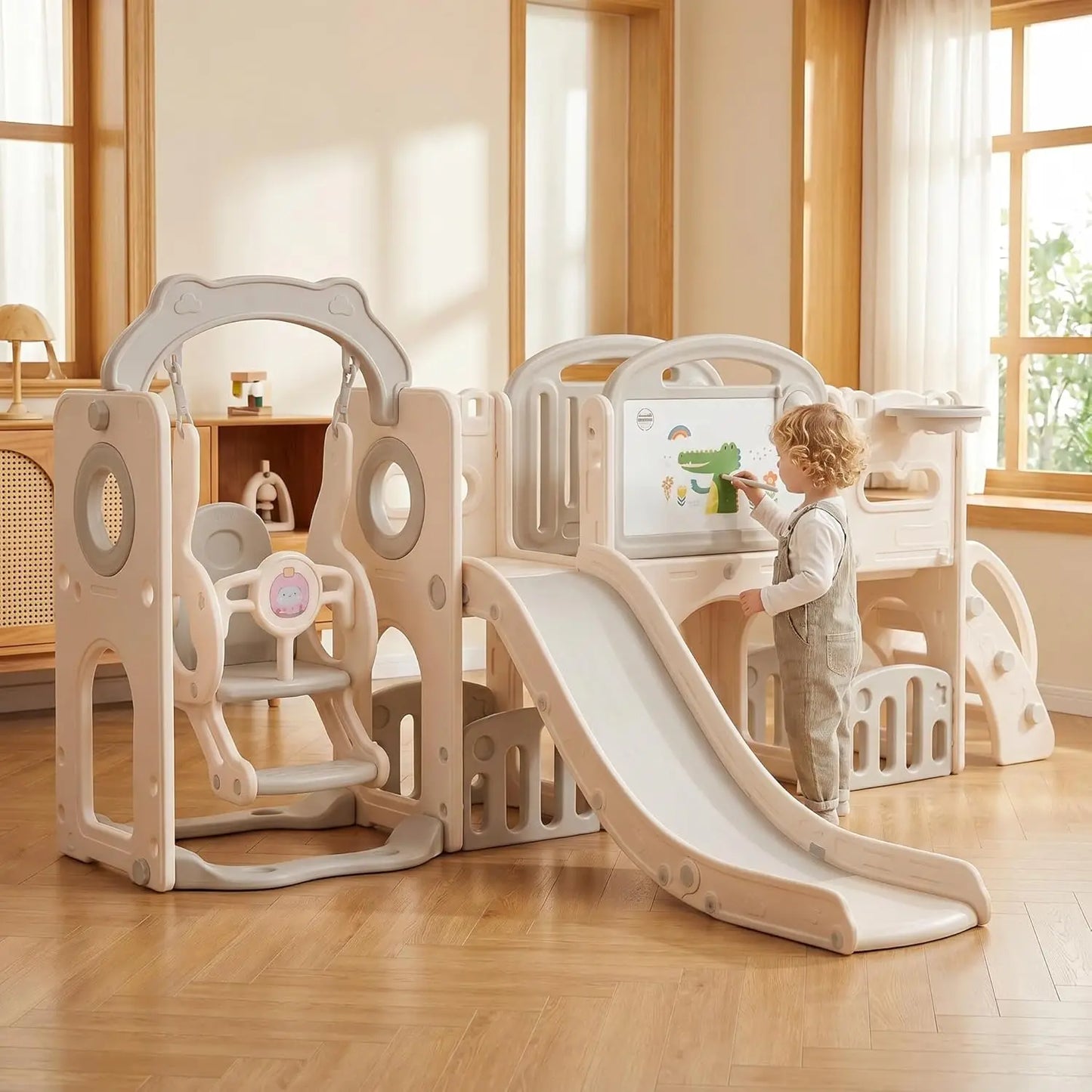 12-in-1 Toddler Playground Gym Playset | Indoor Outdoor Swing Set with Slide, Climber, Basketball Hoop & Drawing Board, in White
