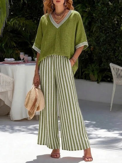 V-neck Short-sleeved Tops Striped Wide-leg Pants Two-piece Set 2026 Spring Summer New Women's Fashion Casual Loose Two-piece Set