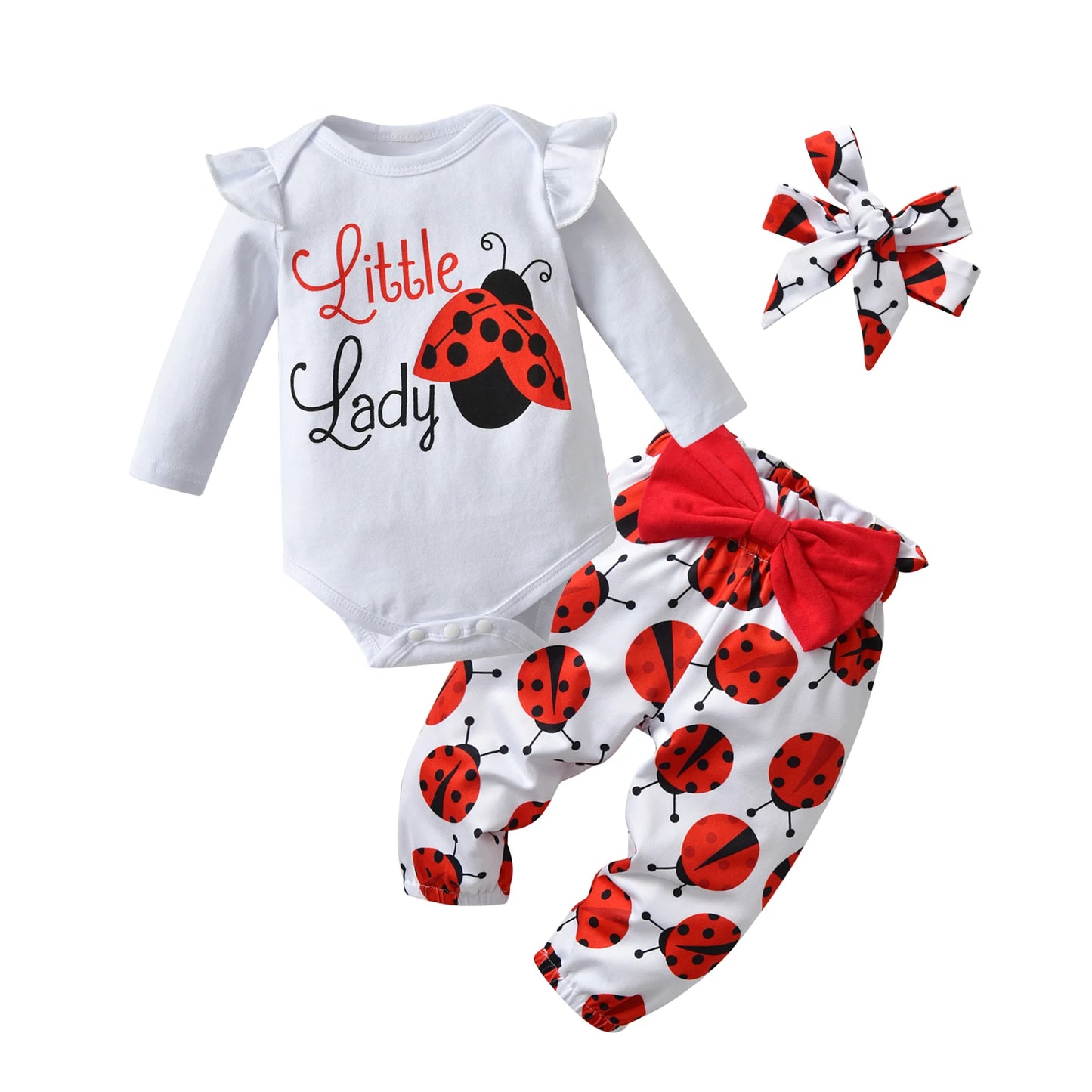 Newborn Baby Girls Clothes Set Long Sleeve Ladybug Print Top and Pants Bow Headband Infant Outfits