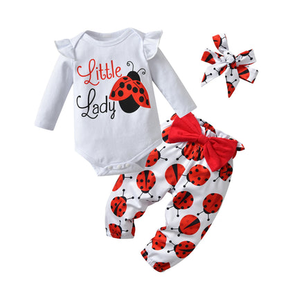 Newborn Baby Girls Clothes Set Long Sleeve Ladybug Print Top and Pants Bow Headband Infant Outfits
