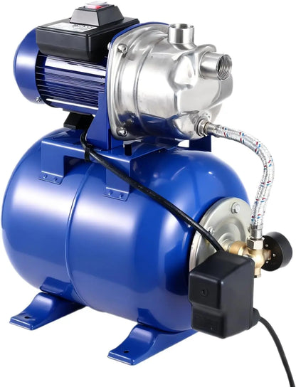 1.6HP Stainless Steel Shallow Well Jet Pump with Pressure Tank – 1320 GPH, 115V, 164 ft Lift, Automatic Water Booster for Home / Farm / Garden (Blue)