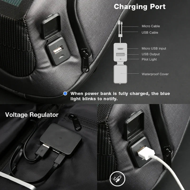 High-quality Outdoor Fitness Popular waterproof usb charging multi-function bag solar battery power distribution board backpack