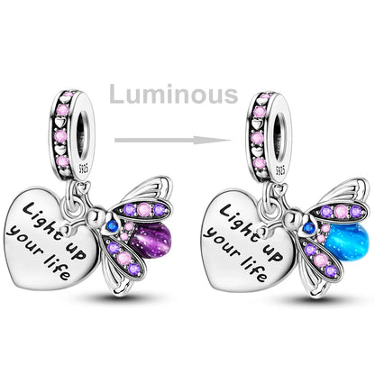 Charms Bead 925 Sterling Silver Pink Butterfly Luminous Firefly Dangle