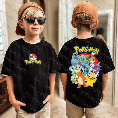 Pokemons Pikachu Cartoon Kids Printed T-Shirts Boys Girls Casual Short Sleeves Tops Children's Harajuku Fashion Tee Clothing