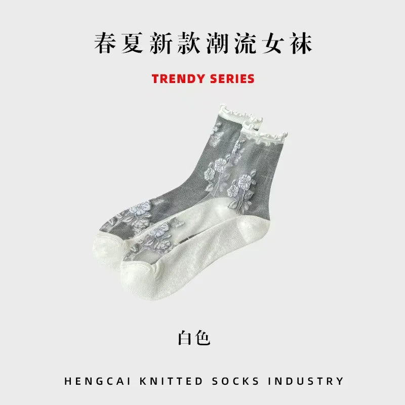 Transparent Crystal Silk Socks Women Fashion Ultra-thin Summer Harajuku Crew Socks Flower Streetwear Elastic Long Mesh Socks