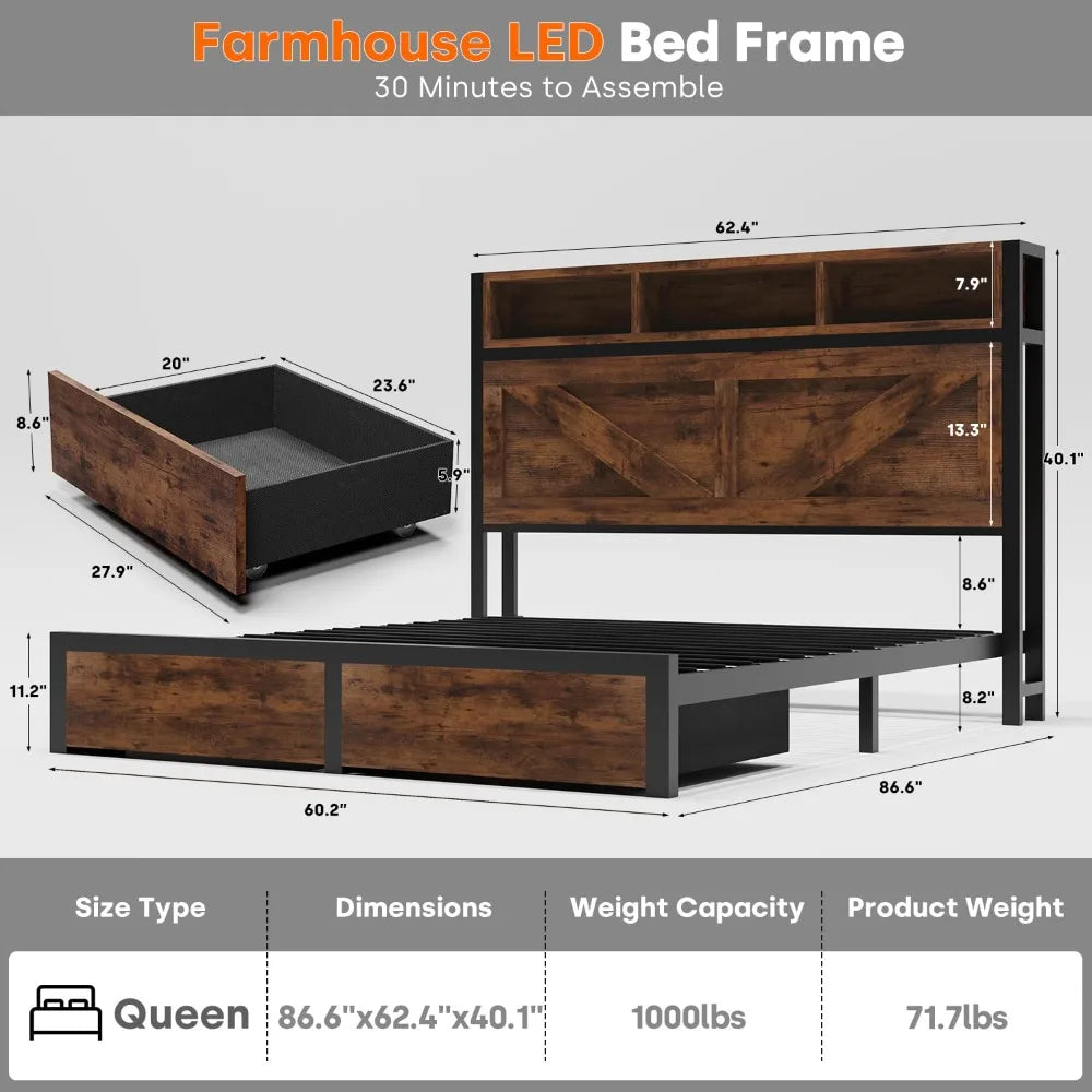 Farmhouse Queen Bed Frame & Bookcase Headboard,Charging Station & LED Light,2 Storage Drawers,Platform,Bedroom,Queen, Custom