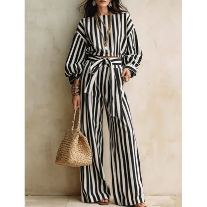 Women New Striped Long-sleeved Shirts Trousers 2piece Set Fashion Casual Ultra-short Top Waisted Lace-up Loose Wide-leg Long Set