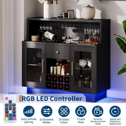 47" LED Wine Bar Cabinet With Glass Doors, 8 Bottle Rack, 15 Glass Holder, Drawers & Charging Station For Dining Room Kitchen