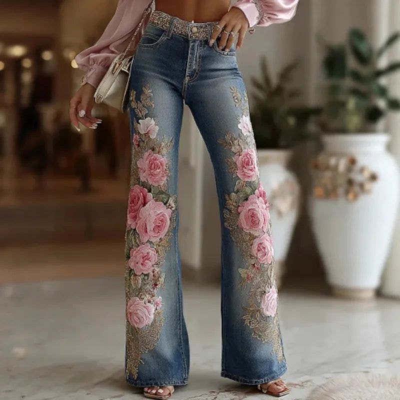 Women's Fashion and Leisure 2025 Retro Style Pink Rose Embroidery Art Print Imitation Jeans Pants