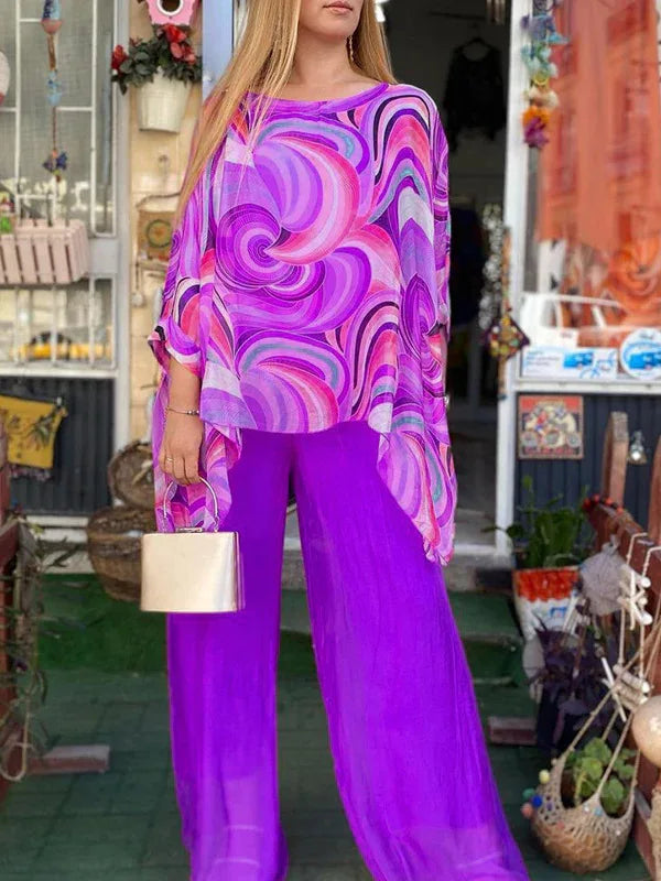 Women Fashion Trousers Two Piece Set For Women 2026 Summer Loose Casual Print Blouse Elegant 2 Piece Sets Woman Tops+Pants Suit