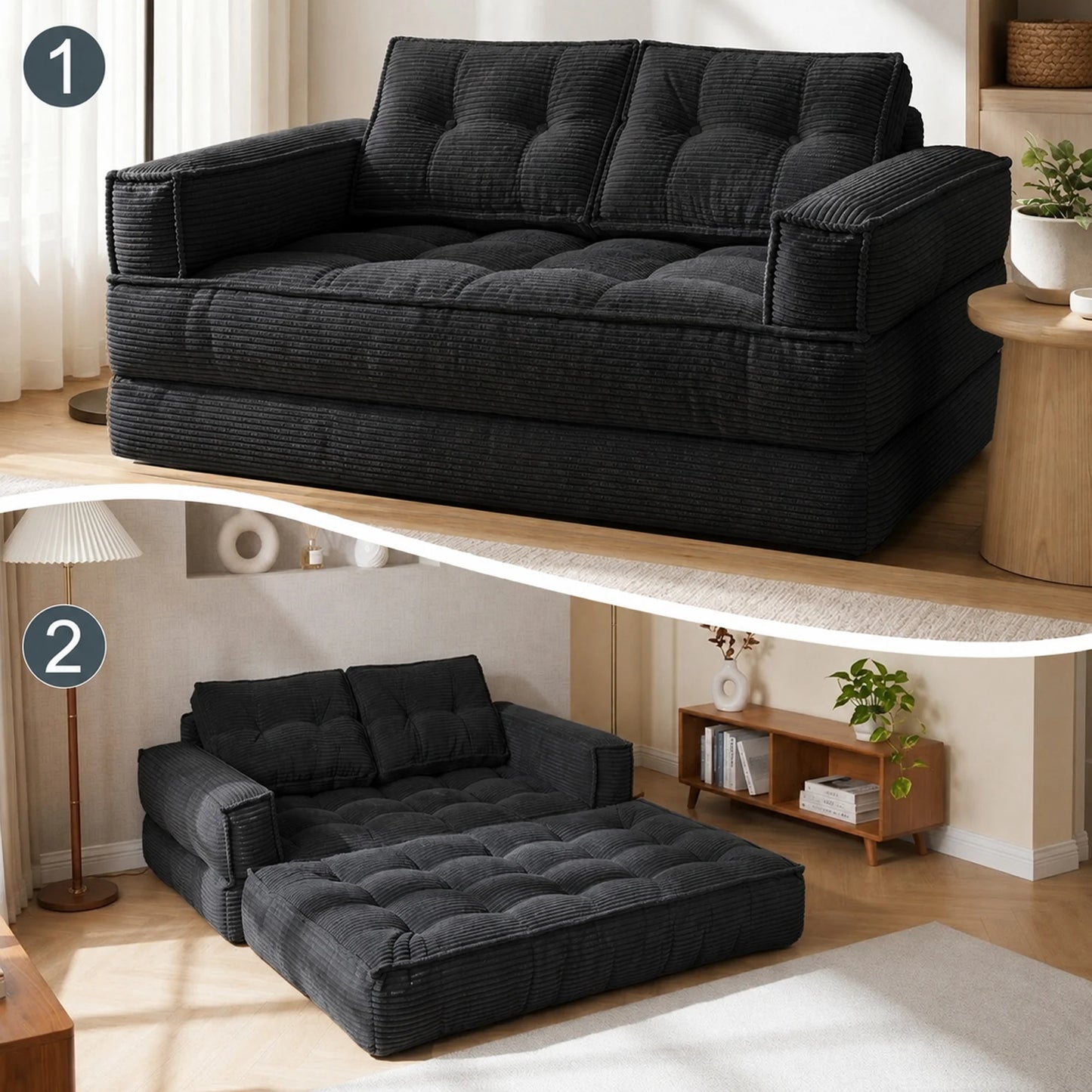 51" 2-Seater Modular Corduroy Sofa with Chaise, 2-in-1 Boneless Convertible Floor Couch, Lazy Double Sofa with Armrest for Living Room, Black