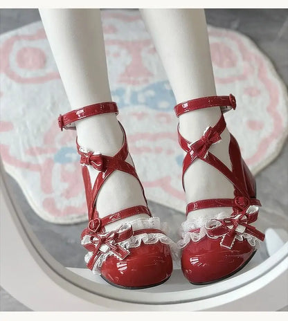 Lolita Mary Jane Shoes  New Women's Cute Bow High Heels Princess Heeled Single Shoes Spring Autumn Leather Pumps