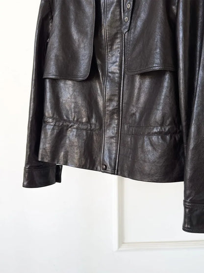 High Quality Chic Ladies Genuine Leather Short Jacket Zipper Turndown Collar Women Retro Oil Wax Sheepskin Jackets Casual Coat