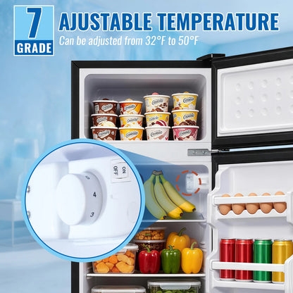 Mini Refrigerator with Top Freezer 66 Liter Dual Door Small Refrigerator with 7-Level Adjustable Thermostat for Office, BLACK