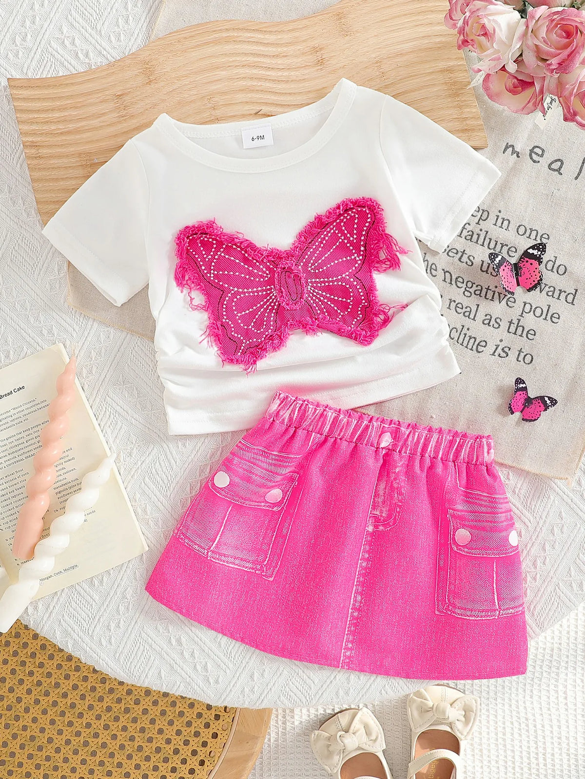 Baby girl summer fashionable and elegant white denim butterfly patch decoration pleated design top and digital printed rose red
