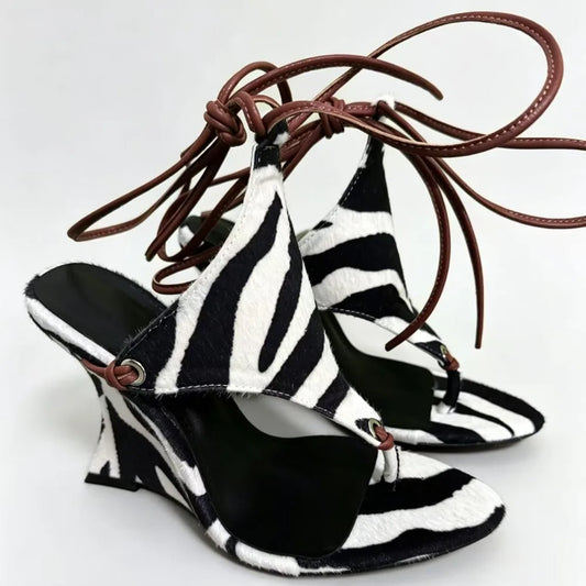 Print Wedge Heel Sandals Women's Lace-Up Flip Flops with Ankle Straps  Animal Pattern Footwear for Summer Parties & Street Style