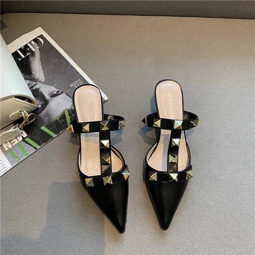 2024 New Rivet Pointed Thin Heel Baotou Half Slipper Female Middle Heel Shallow Mouth Lazy Mueller Shoes