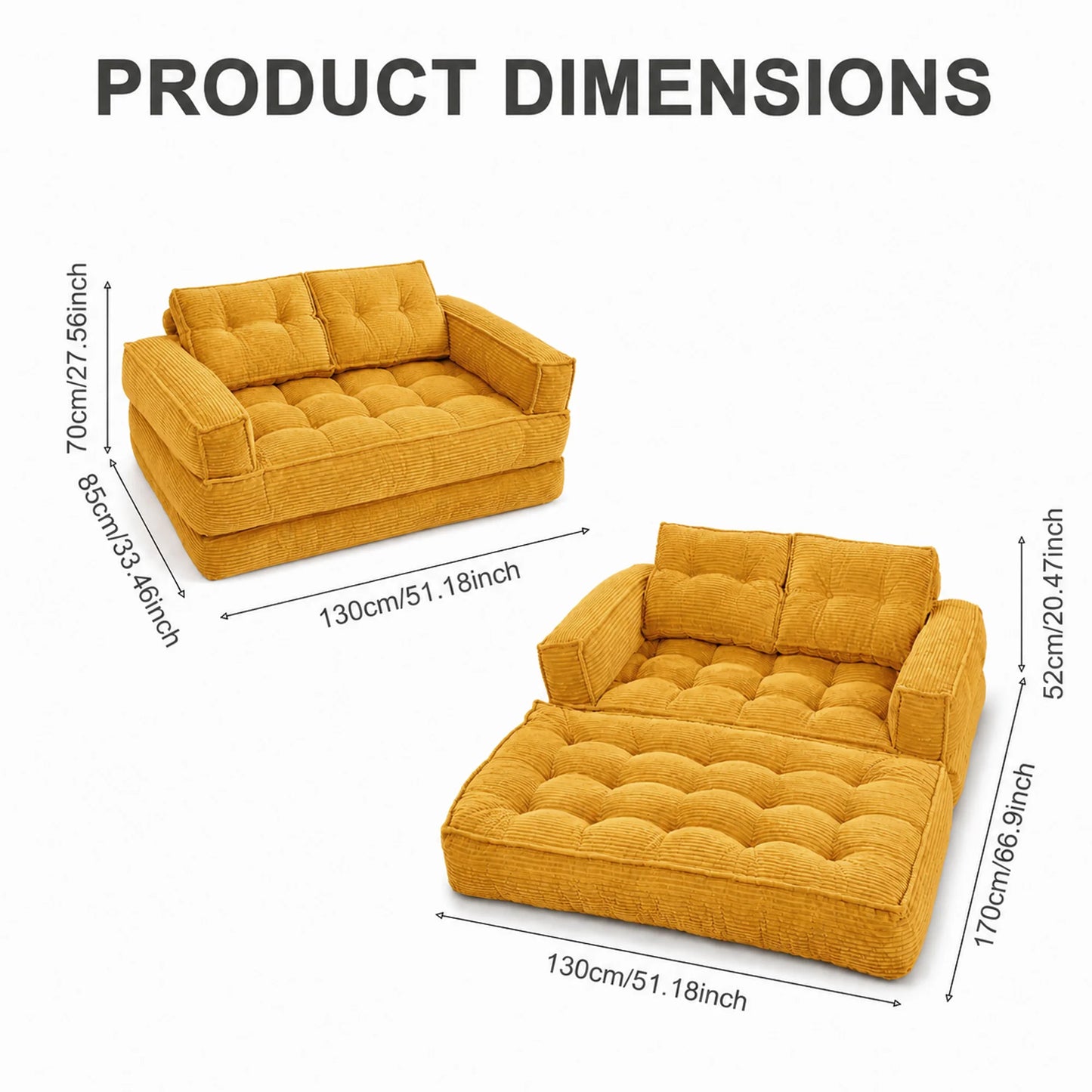 51" 2-Seater Modular Corduroy Sofa with Chaise, 2-in-1 Boneless Convertible Floor Couch, Lazy Double Sofa with Armrest for Living Room, Black