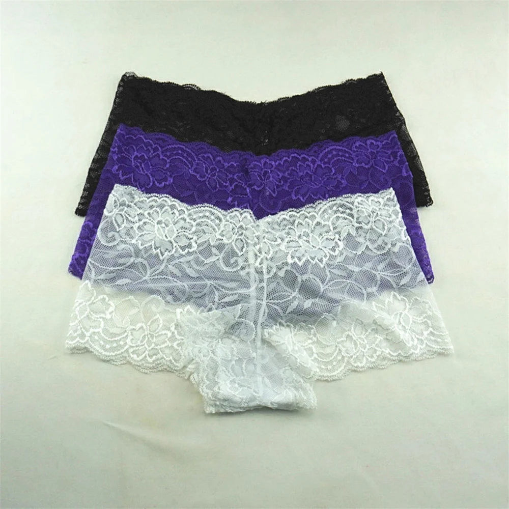 3pcs M-XXL Female Boxers Underwear Silk Boyshorts Women Transparent Panties Shorts Ladies Perspective Lingerie