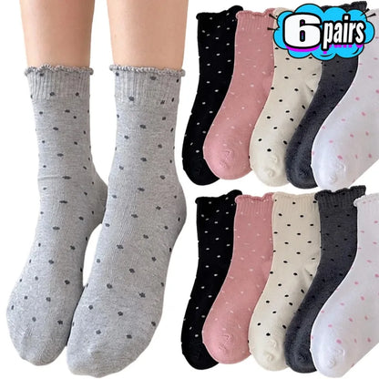 6 Pairs Korean Style Ruffle Edge Socks for Women 6 Pairs Polka Dot Crew Socks High Elastic Breathable Stackable Mid Calf Socks