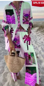 Fashion Print Beach Holiday 2-Piece Set Women Spring Summer Long Sleeve Shirt Top + Wide Legs Women's Oversized Two-Piece Outfit