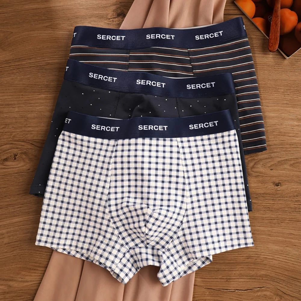 1/3PCS 95% Cotton Soft Boxers Striped/Dot/Plaid Knit Man Underwear Autumn Breathable Antibacterial 3D Mesh Crotch Men's Panties