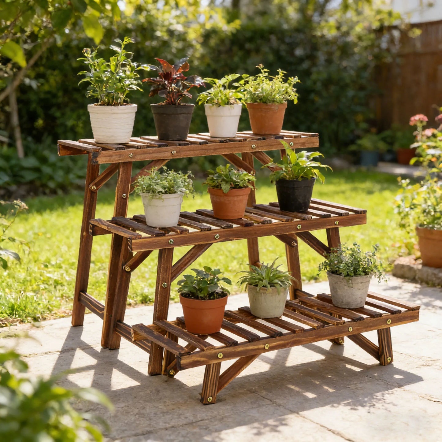 3 Tier Wood Plant Stand Vertical Plant Dislay Shelf In/Ourdoor Plant Rack Balcony Living Room Garden Organizer Plants Holder