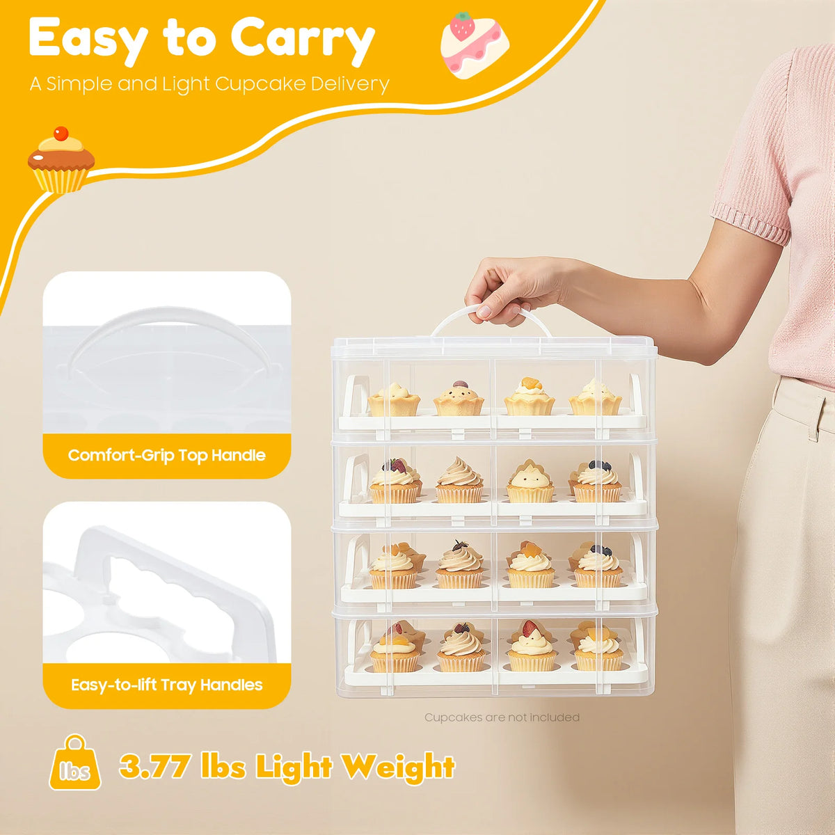 4-Tiers Cupcake Carrier 48 Holes Cakes Holder Bread Storage Display Box for Wedding Birthday Party