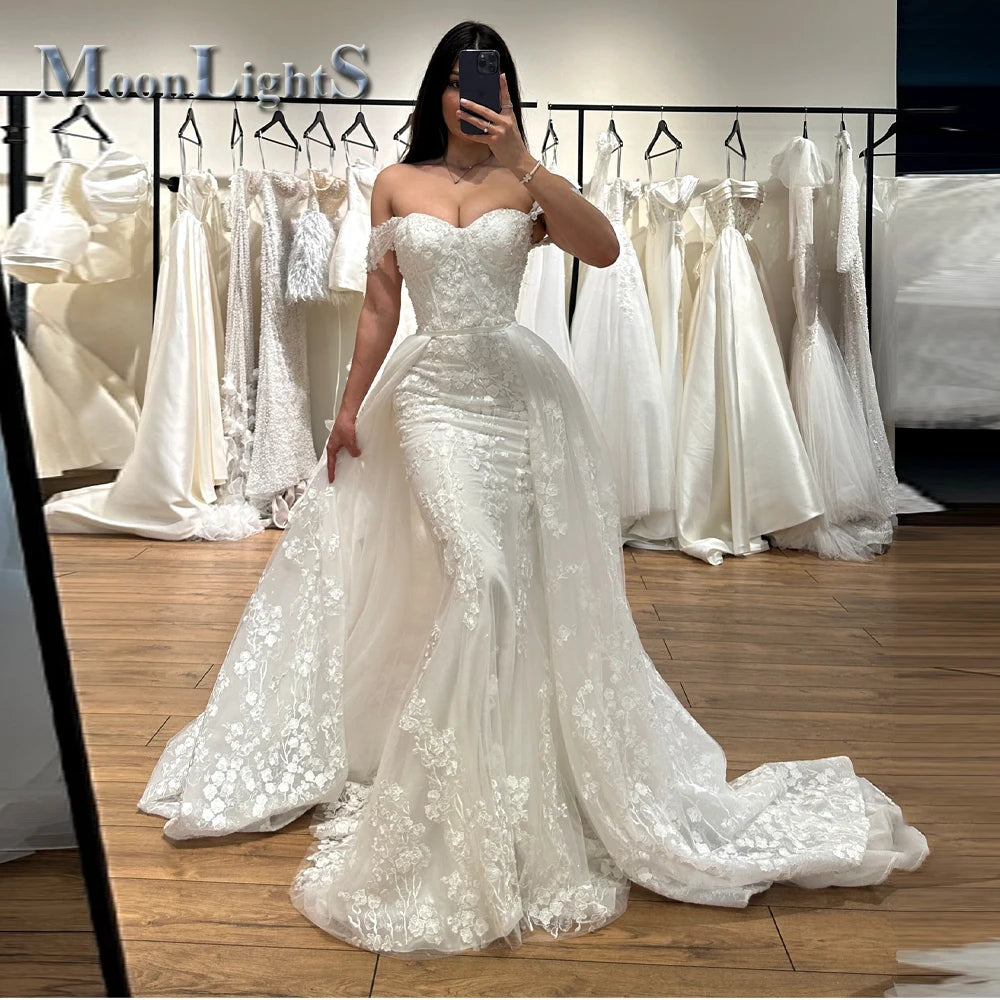 Moonlight Charming Wedding Dresses for Mariages Trumpet Off the Shoulder Appliques Detachable Train Suknia Slubna Customized