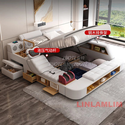 MINGDIBAO  All In One Bed, Luxury Multifunctional Genuine Leather Bed Frame with Tatami, Tech Smart Ultimate Lit 2 Personnes
